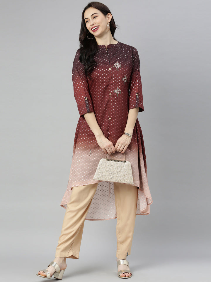 Neerus Brown modal printed high-low kurti mandarin collar - detail view 5