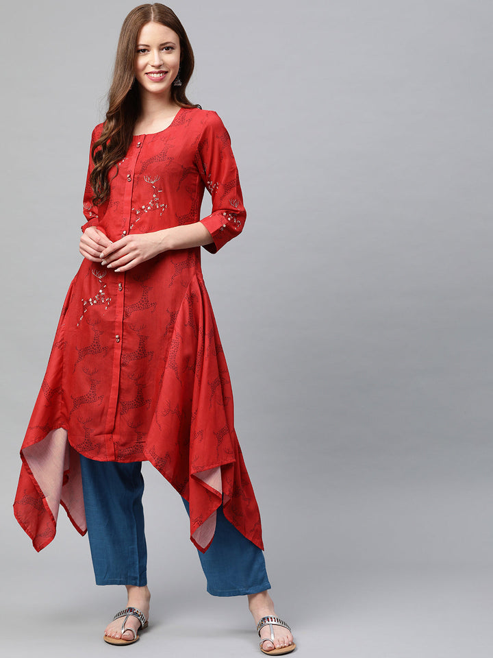 Neerus Red muslin printed high-low kurta - front view
