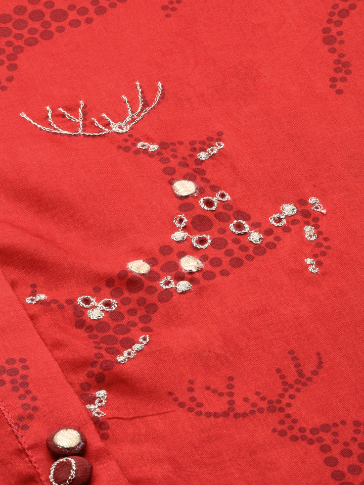 Neerus Red muslin printed high-low kurta - detail view 1