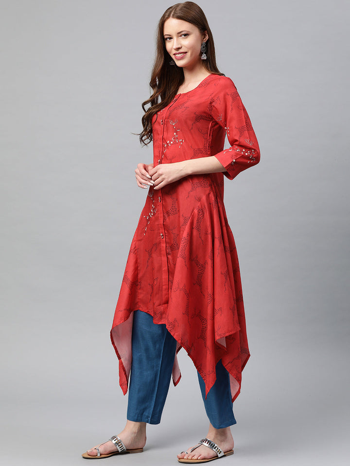 Neerus Red muslin printed high-low kurta - back view
