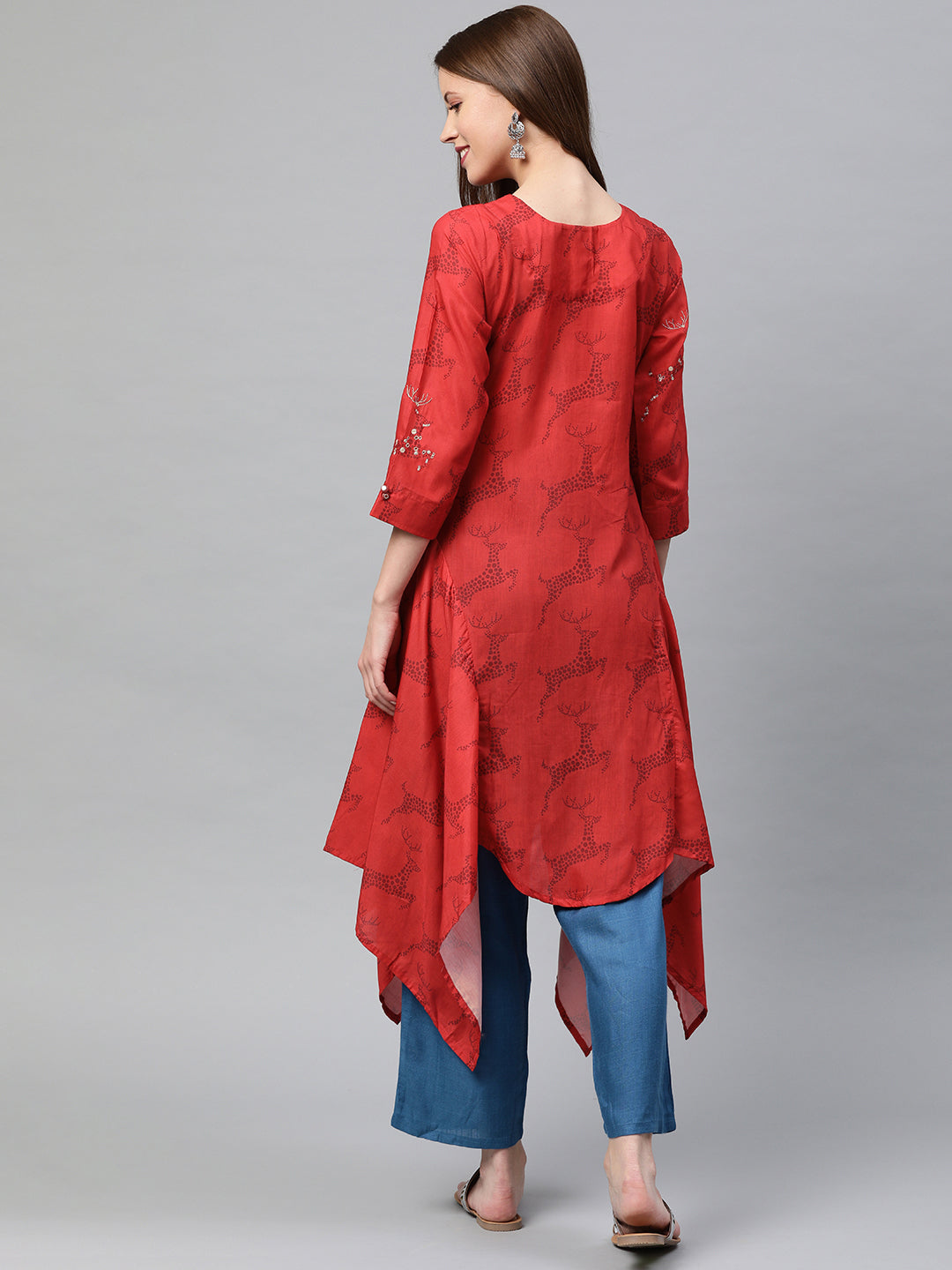 Neerus Red muslin printed high-low kurta - side view