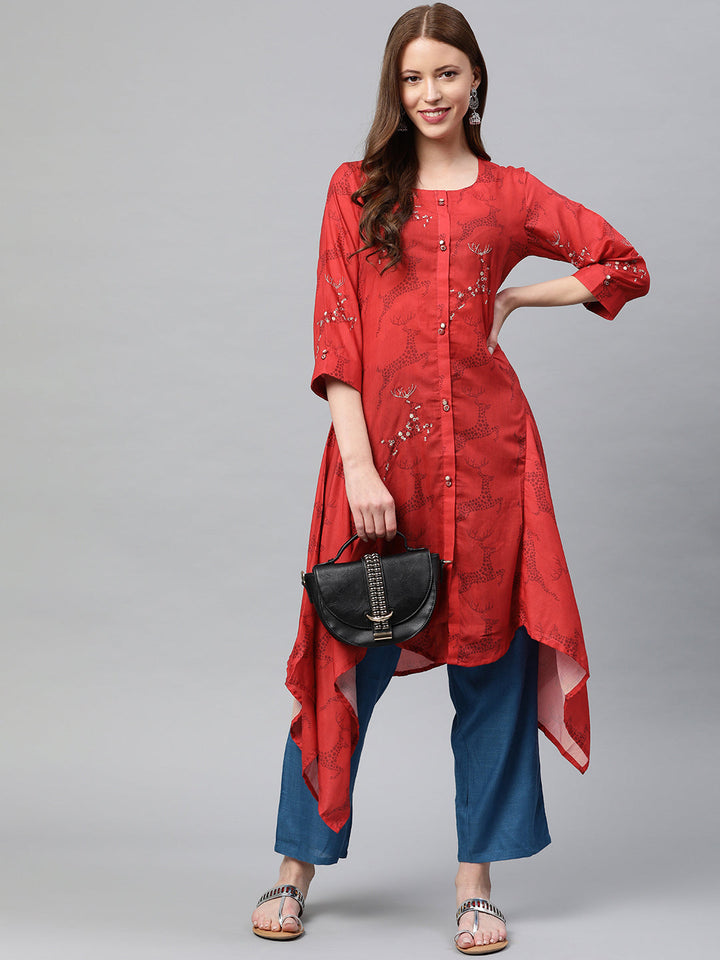 Neerus Red muslin printed high-low kurta - detail view 2