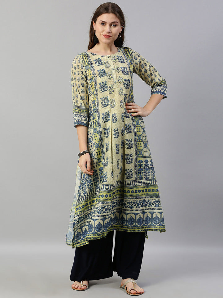Neerus Beige muslin printed A-line kurti - front view
