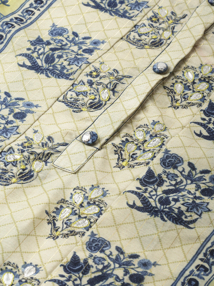 Neerus Beige muslin printed A-line kurti - back view
