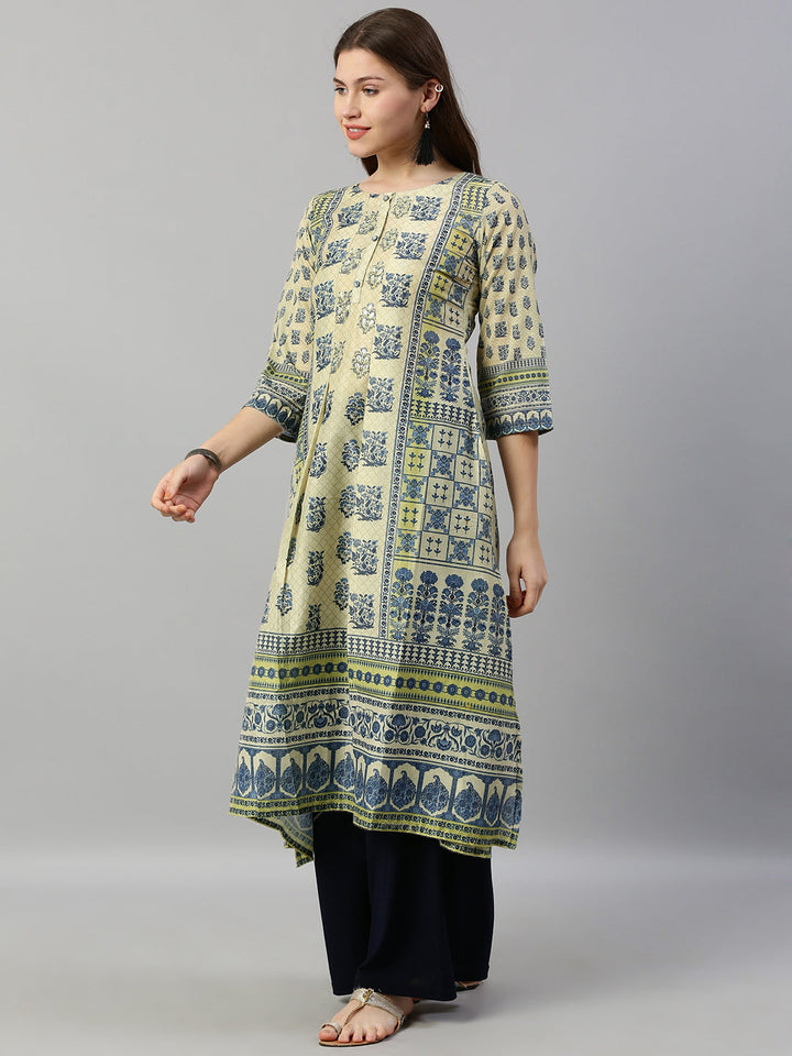 Neerus Beige muslin printed A-line kurti - side view