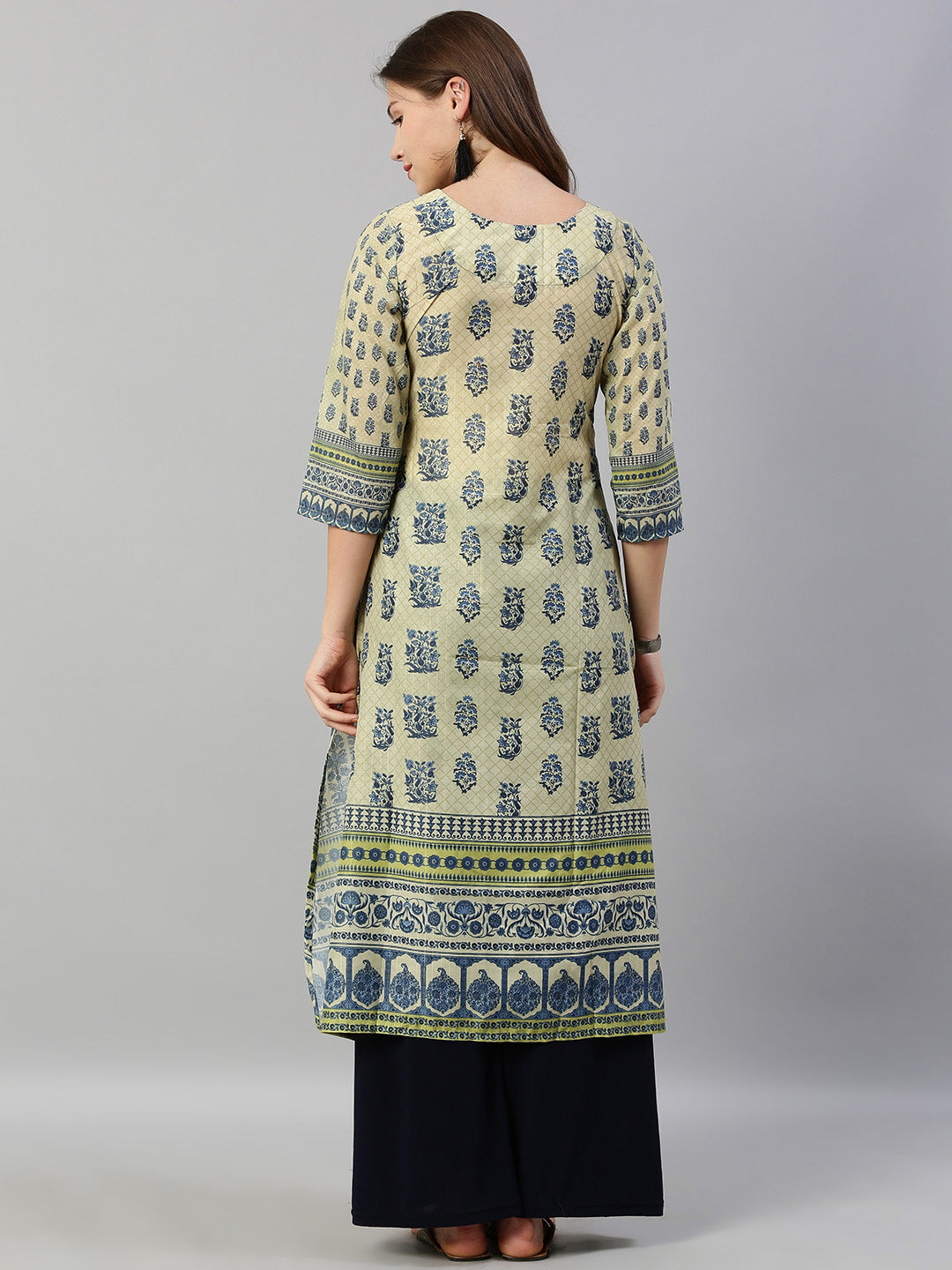 Neerus Beige muslin printed A-line kurti - detail view 1