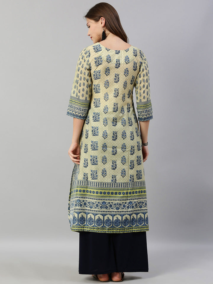 Neerus Beige muslin printed A-line kurti - detail view 1