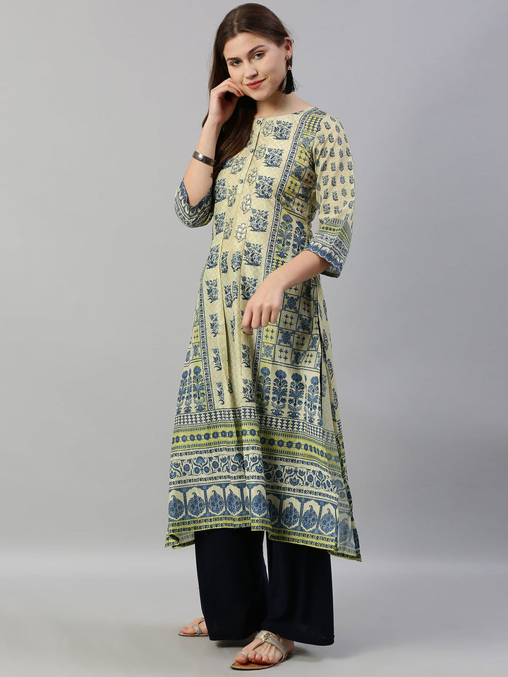 Neerus Beige muslin printed A-line kurti - detail view 2