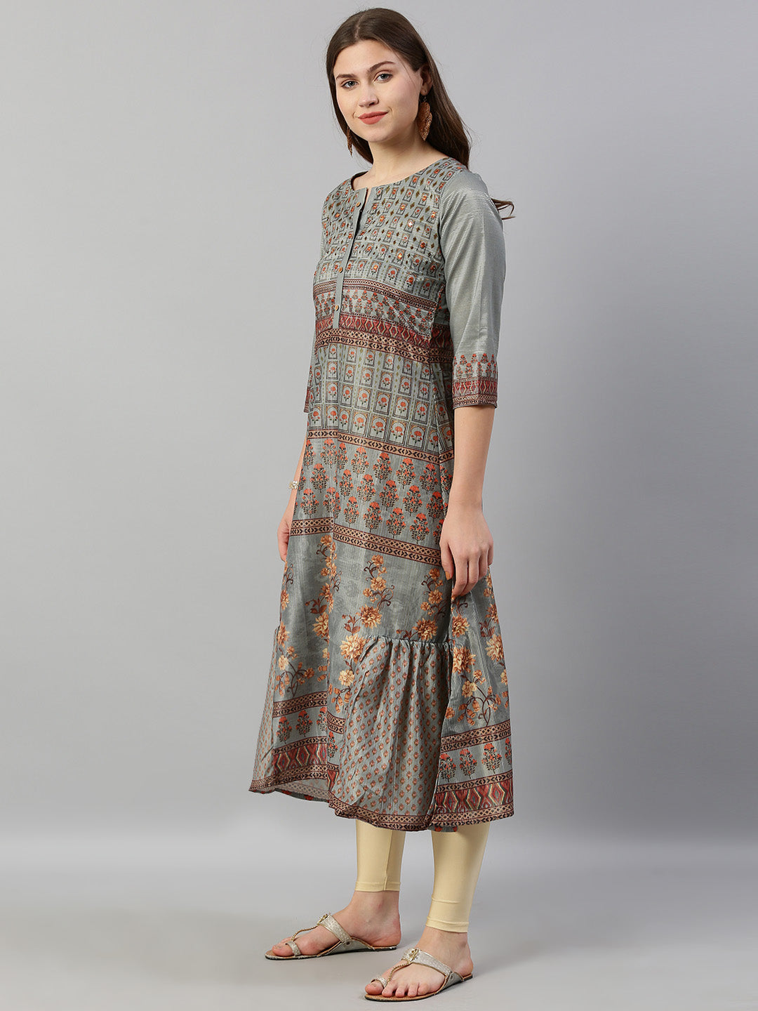 Neerus Blue printed A-line kurta - detail view 1