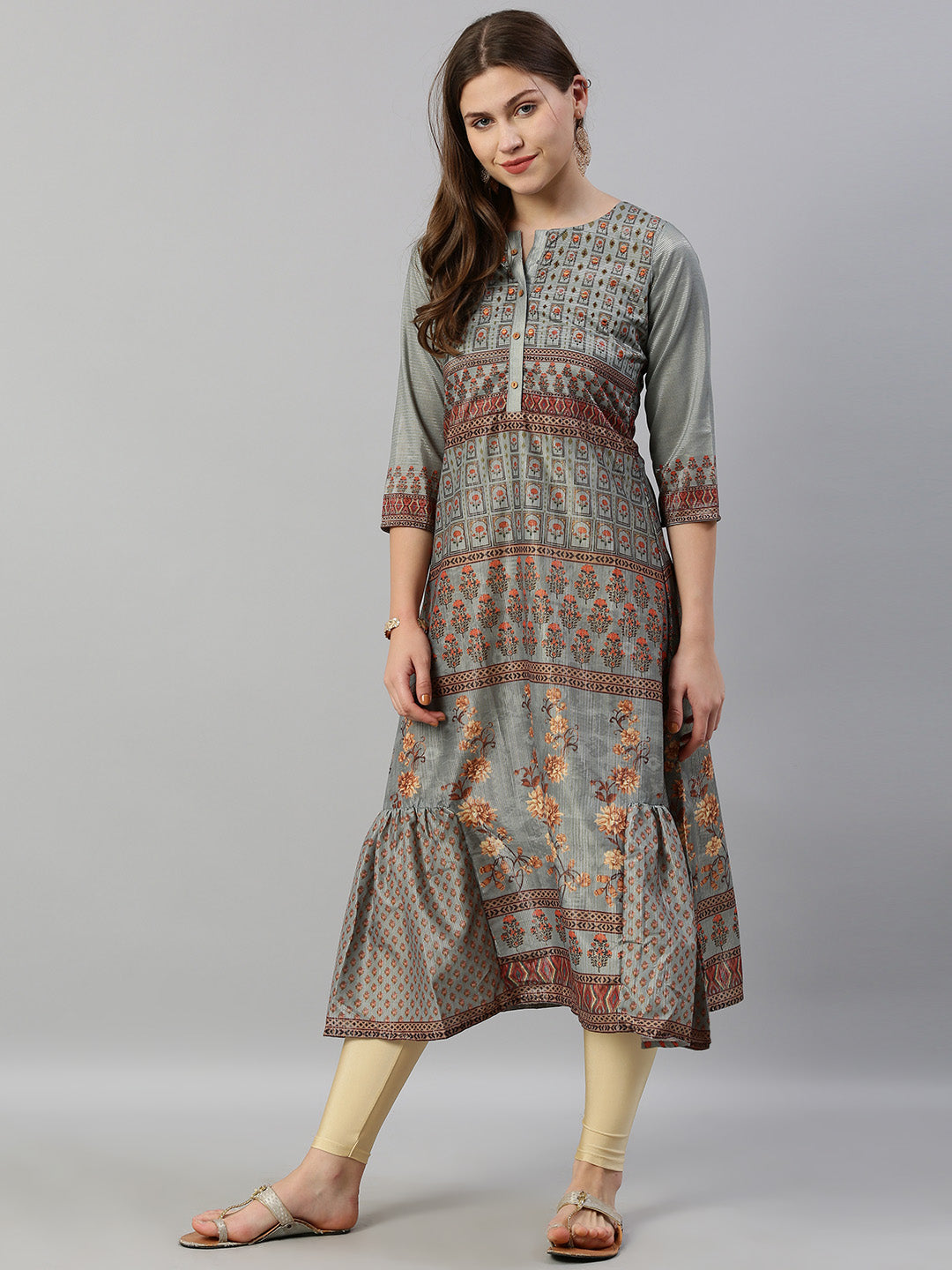 Neerus Blue printed A-line kurta - detail view 3