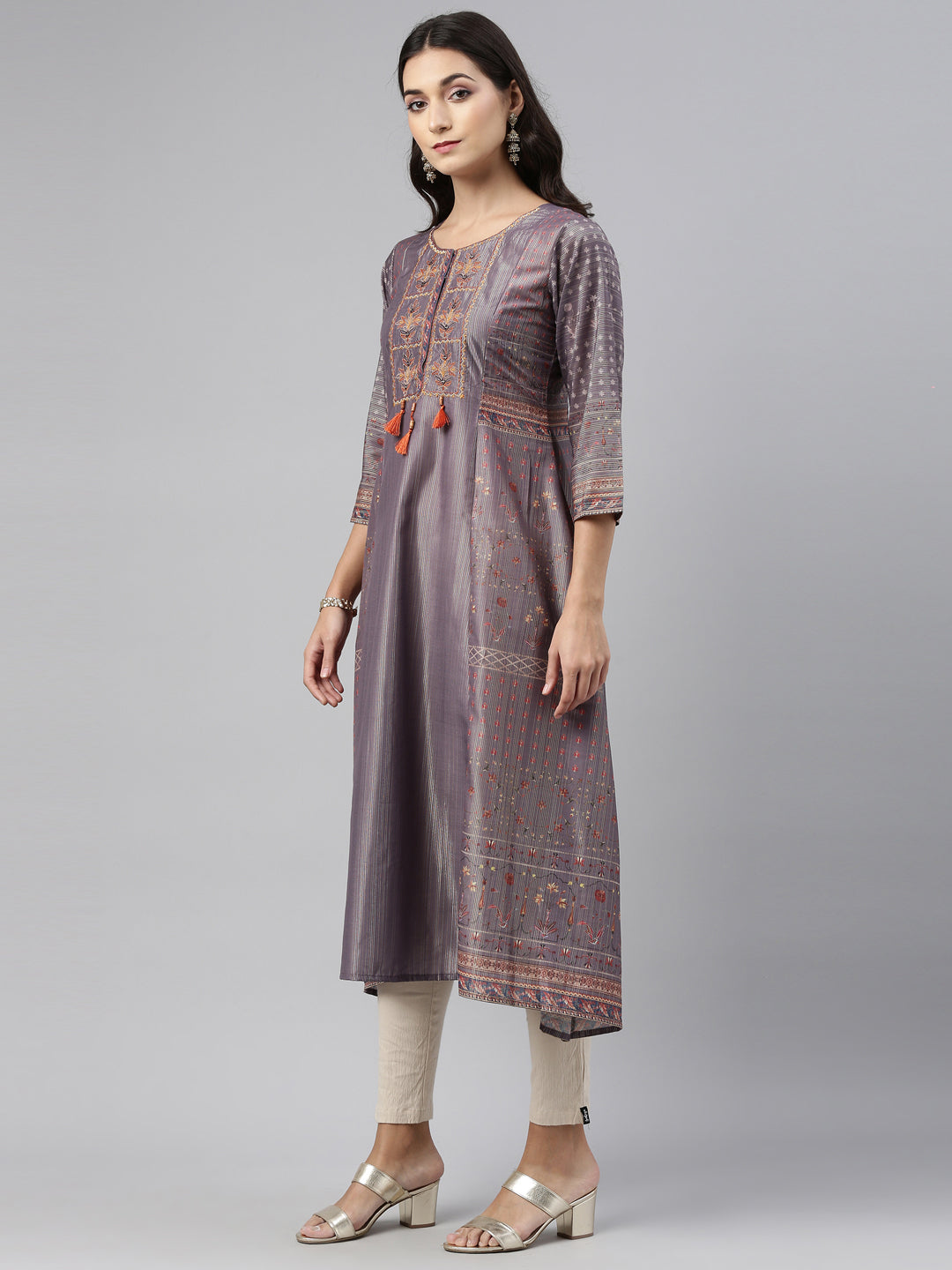 Neerus Grey modal printed kurti - back view