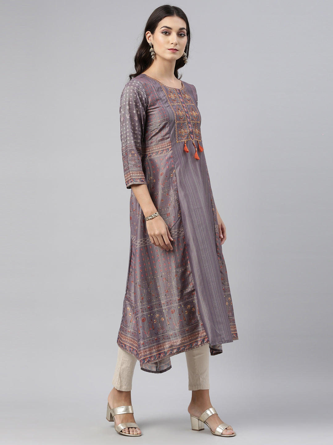 Neerus Grey modal printed kurti - side view