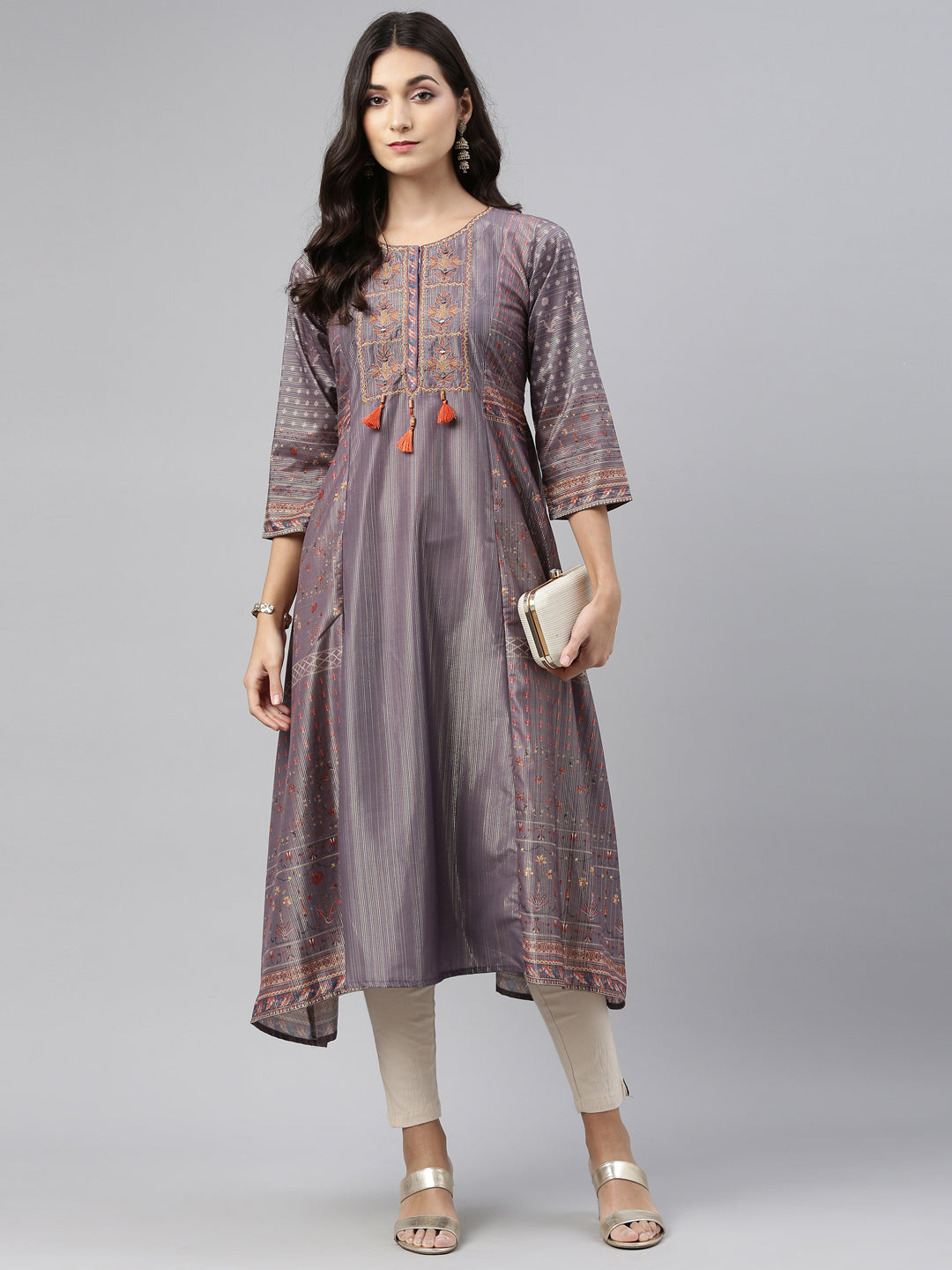 Neerus Grey modal printed kurti - front view