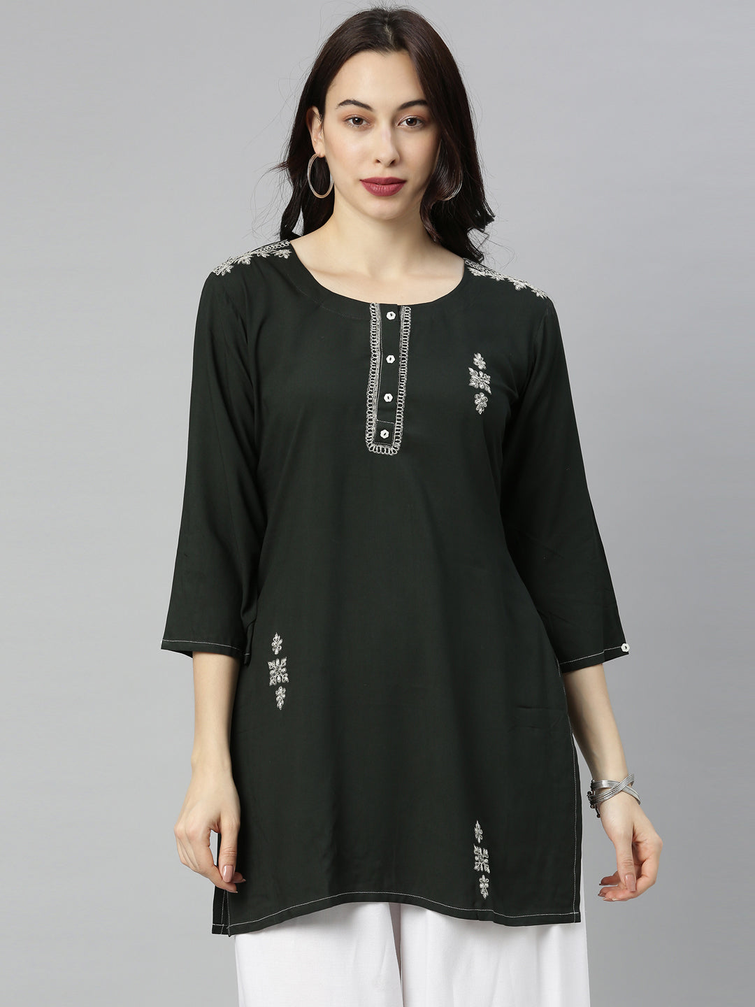 Neerus Green zari embellished straight kurti - detail view 4