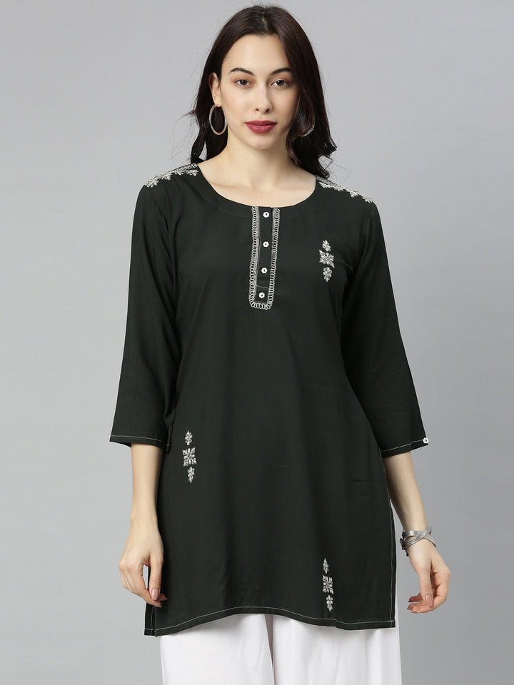 Neerus Green zari embellished straight kurti - detail view 4