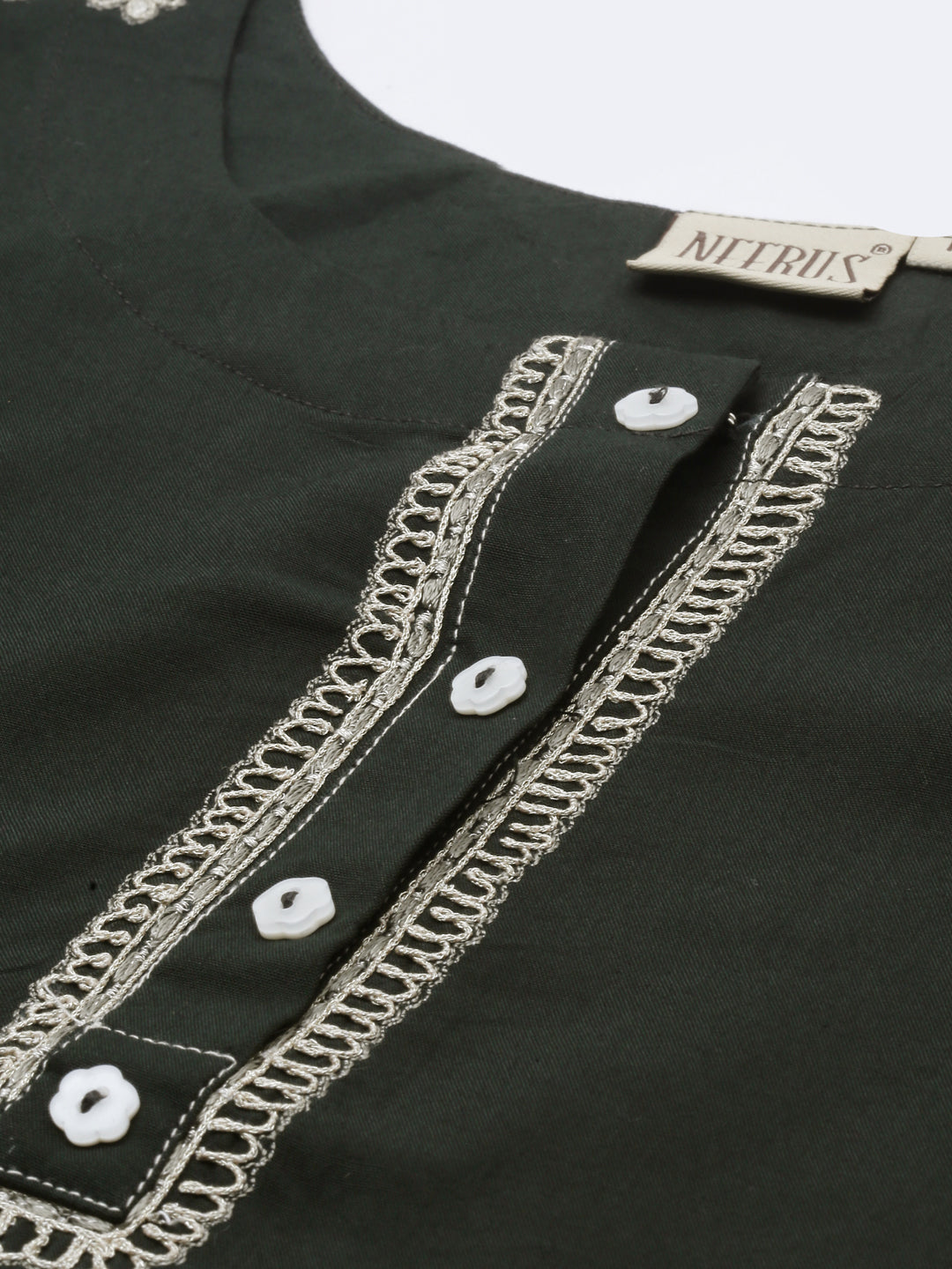 Neerus Green zari embellished straight kurti - side view