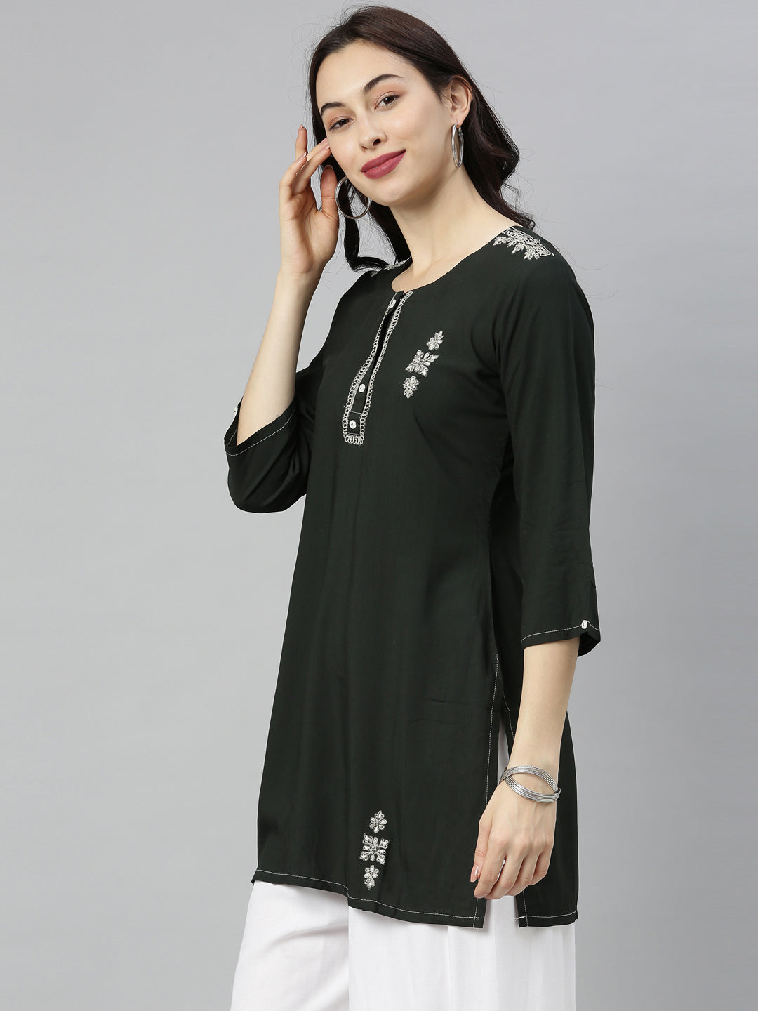 Neerus Green zari embellished straight kurti - detail view 1