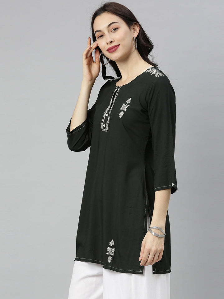 Neerus Green zari embellished straight kurti - detail view 1