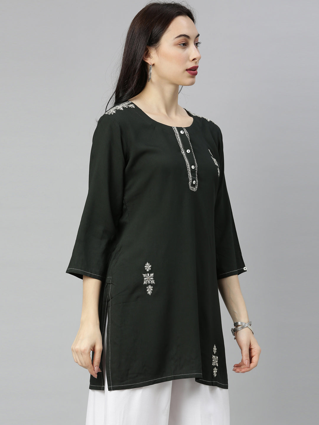 Neerus Green zari embellished straight kurti - detail view 2