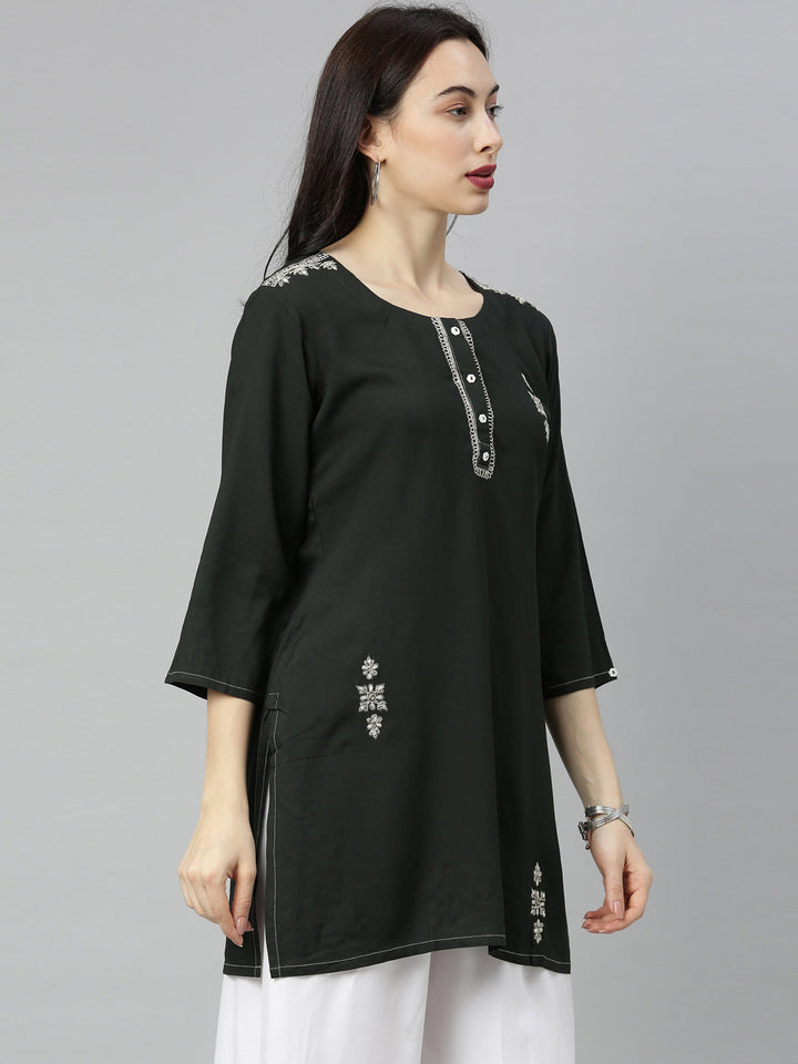 Neerus Green zari embellished straight kurti - detail view 2