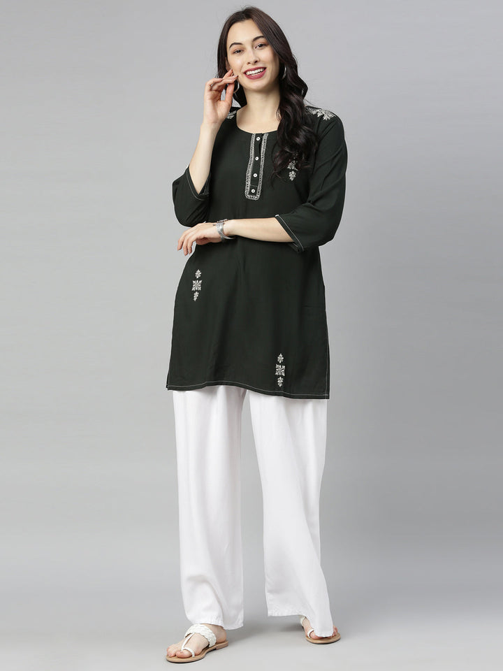 Neerus Green zari embellished straight kurti - front view