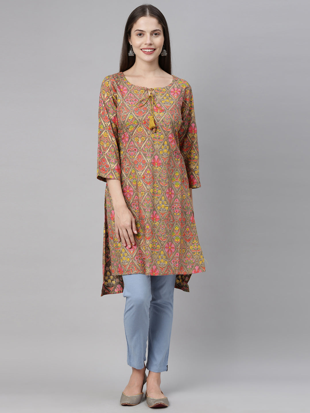 Neerus Brown printed straight kurta - front view