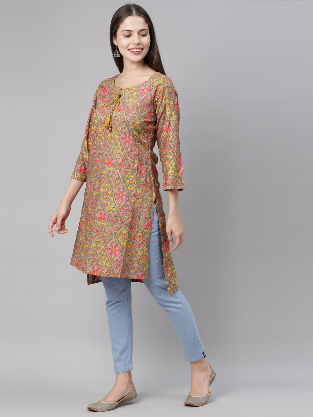 Neerus Brown printed straight kurta - detail view 1
