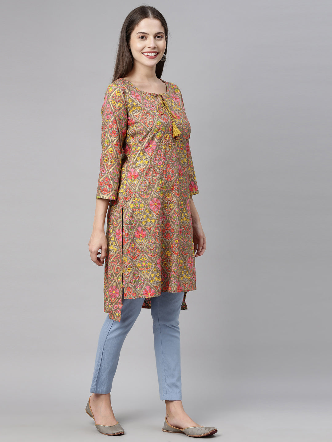 Neerus Brown printed straight kurta - detail view 2