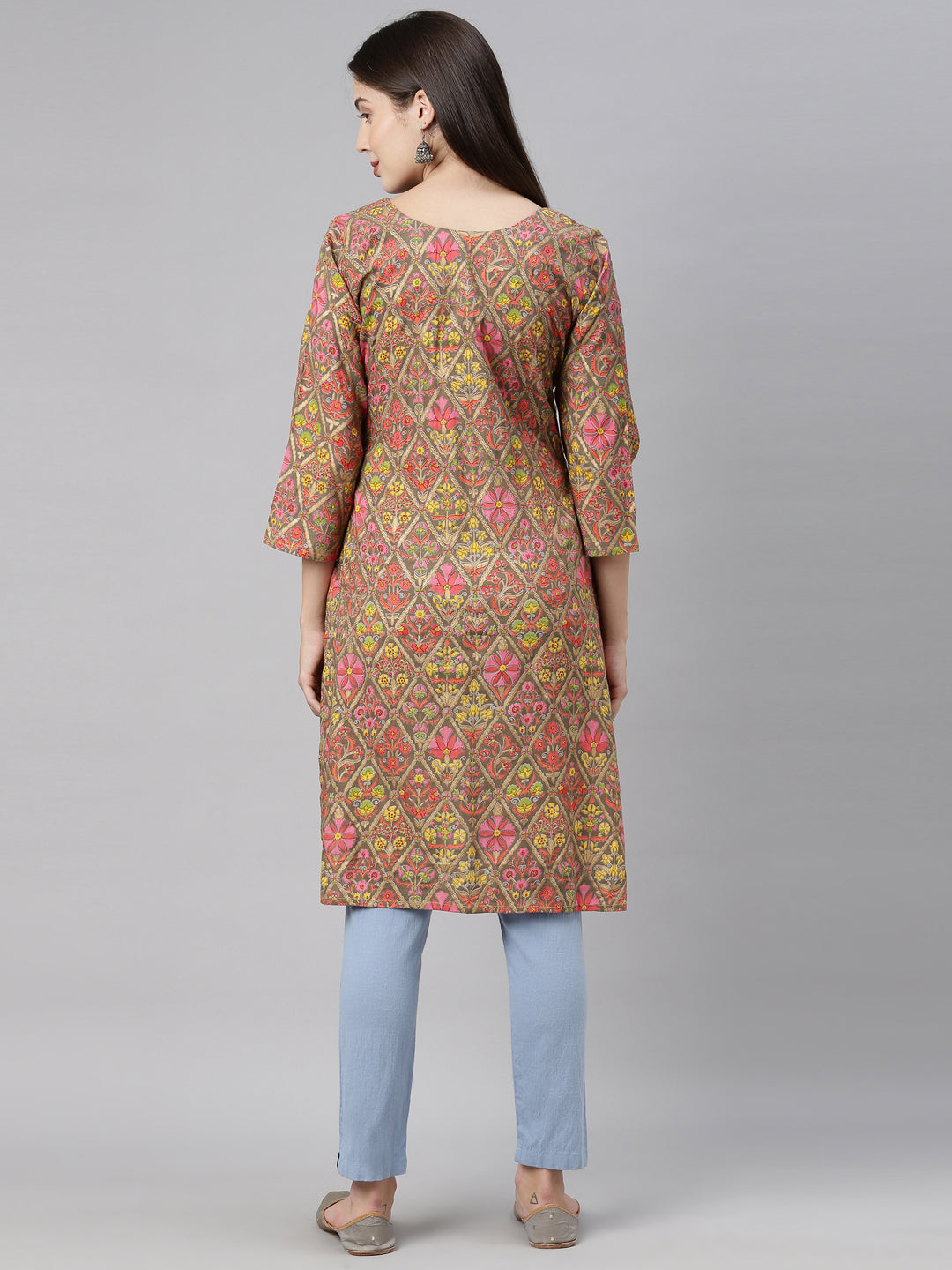 Neerus Brown printed straight kurta - detail view 3