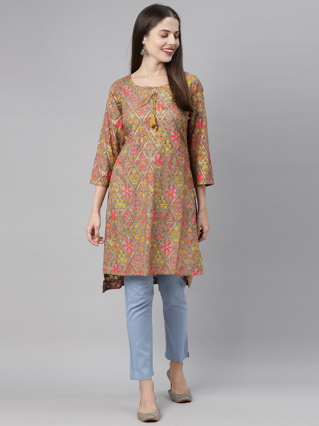 Neerus Brown printed straight kurta - detail view 4