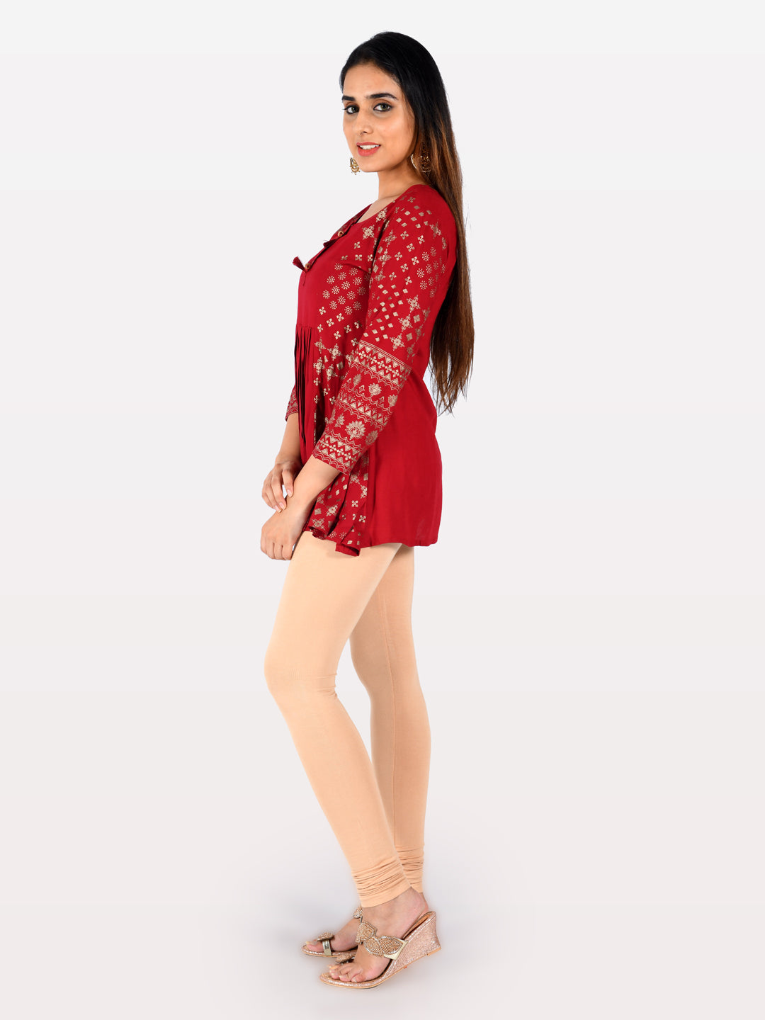 Neerus Red viscose rayon printed A-line kurti - detail view 2