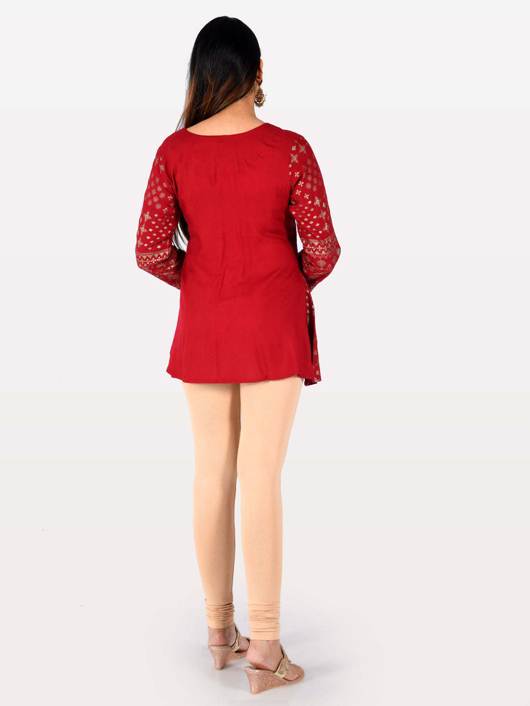 Neerus Red viscose rayon printed A-line kurti - side view