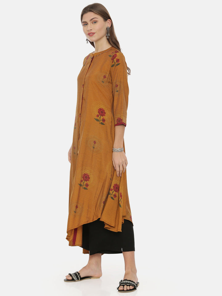 Neerus Brown muslin printed high-low kurta - side view