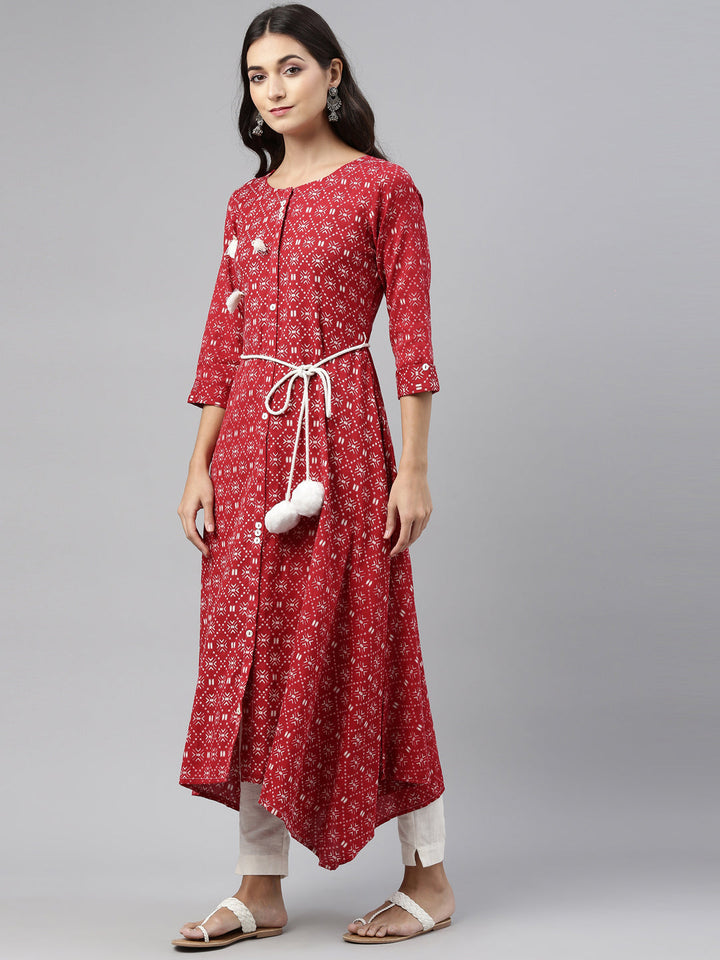 Neerus Maroon cotton solid kurti - detail view 2