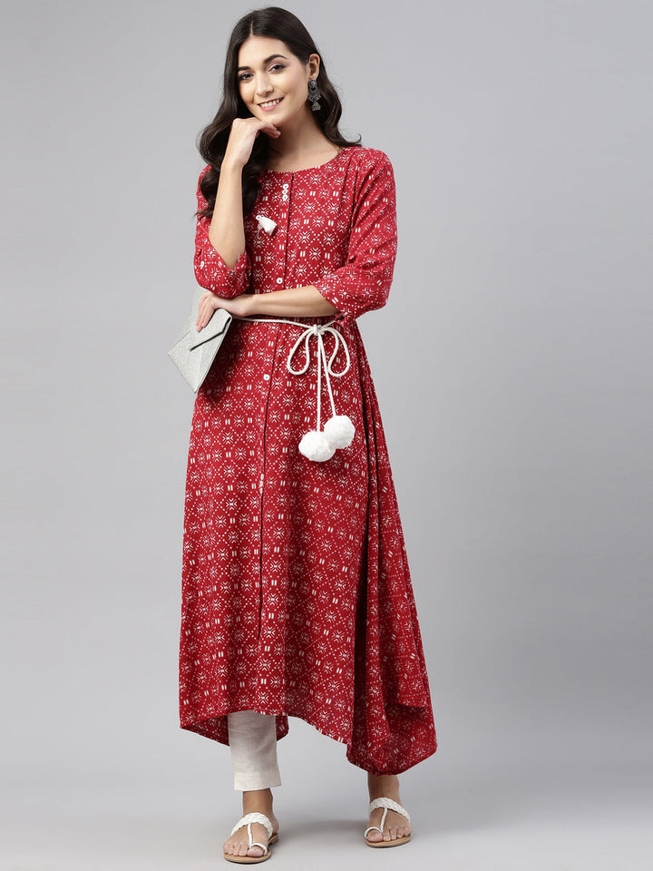 Neerus Maroon cotton solid kurti - front view