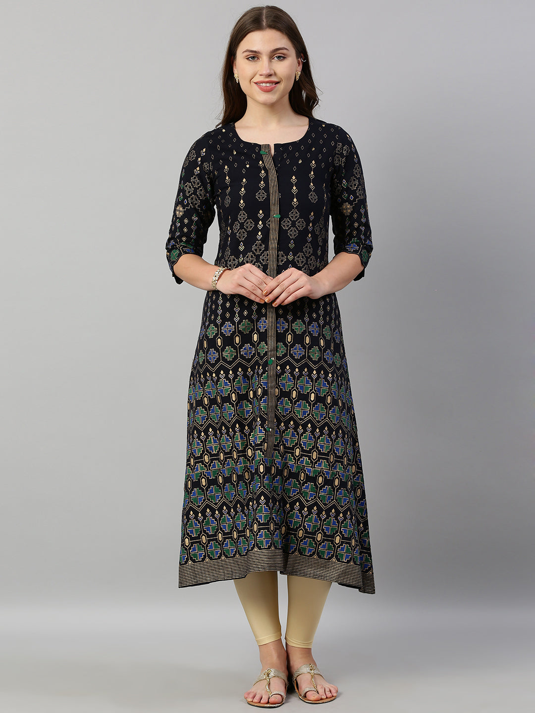 Neerus Blue viscose rayon printed A-line kurti - front view