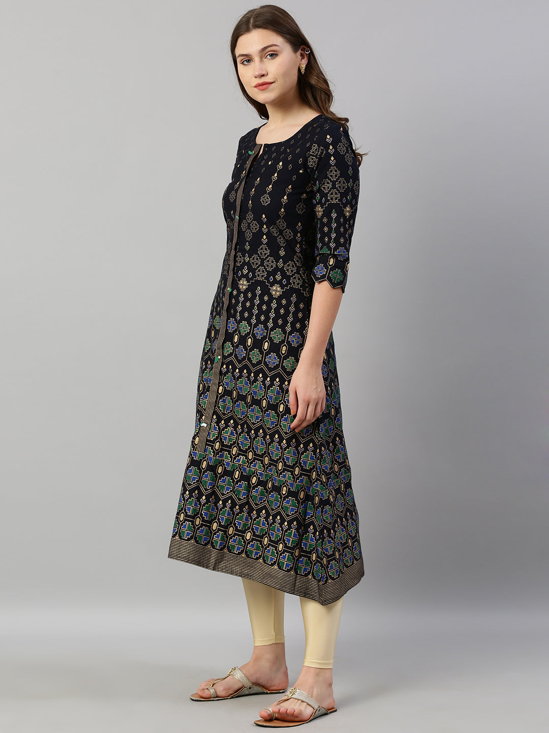 Neerus Blue viscose rayon printed A-line kurti - side view