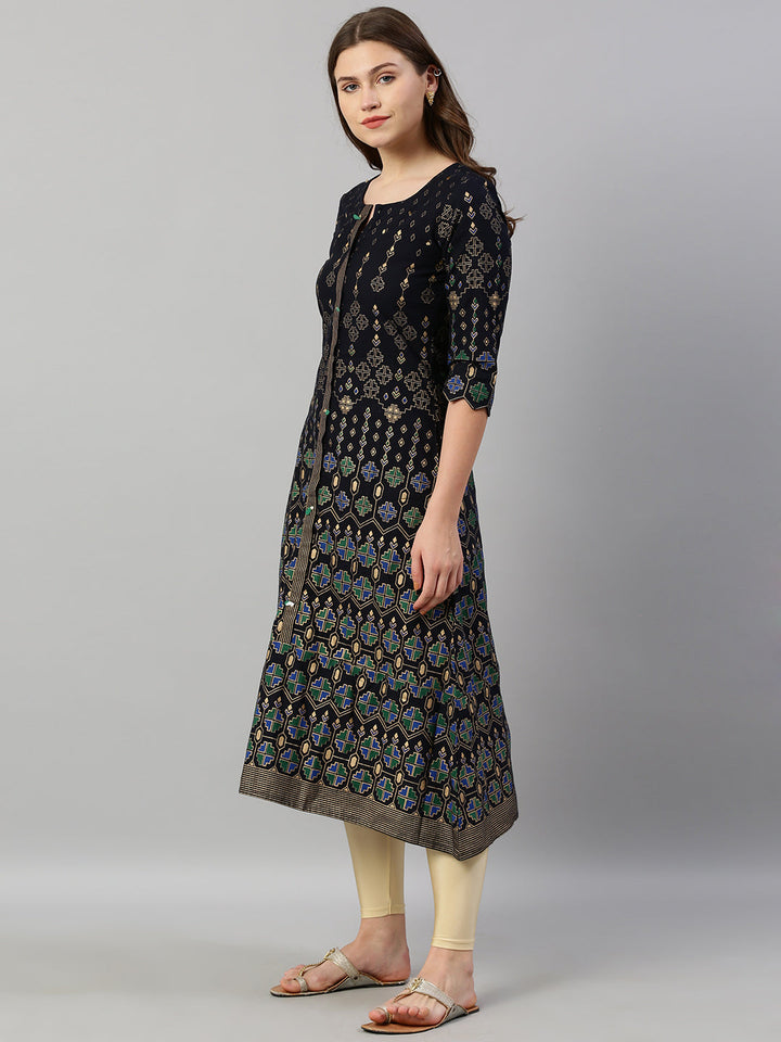 Neerus Blue viscose rayon printed A-line kurti - side view