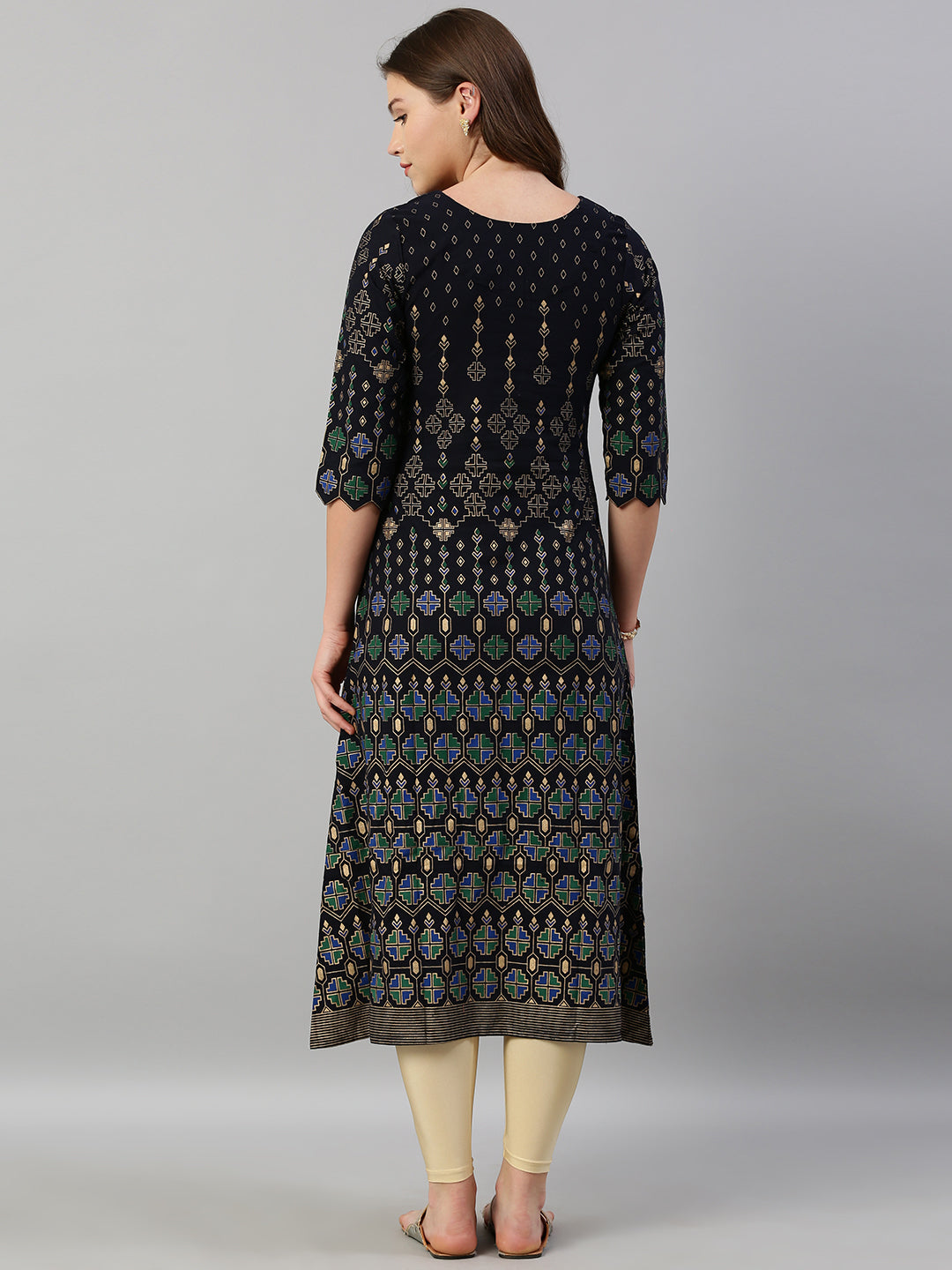 Neerus Blue viscose rayon printed A-line kurti - detail view 1