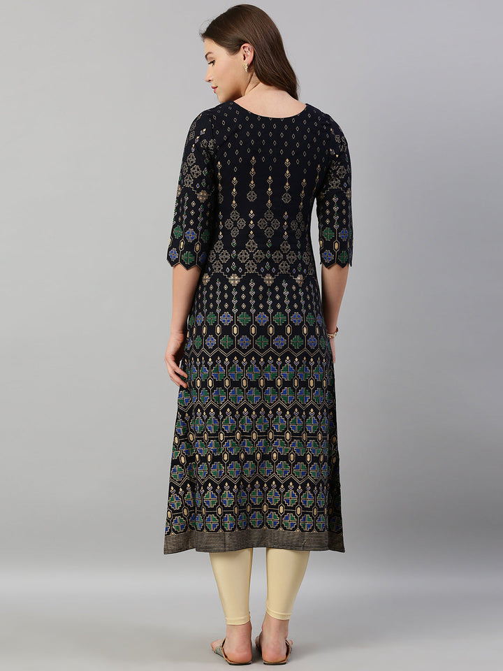 Neerus Blue viscose rayon printed A-line kurti - detail view 1