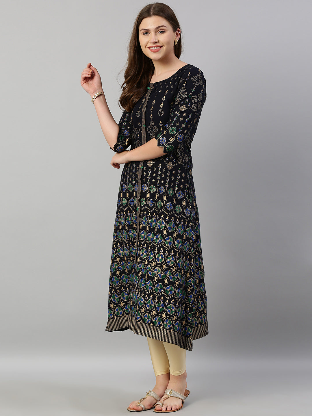Neerus Blue viscose rayon printed A-line kurti - detail view 2