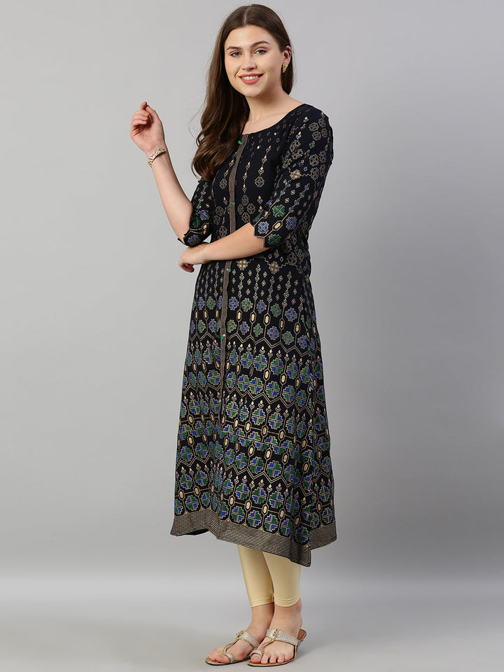 Neerus Blue viscose rayon printed A-line kurti - detail view 2