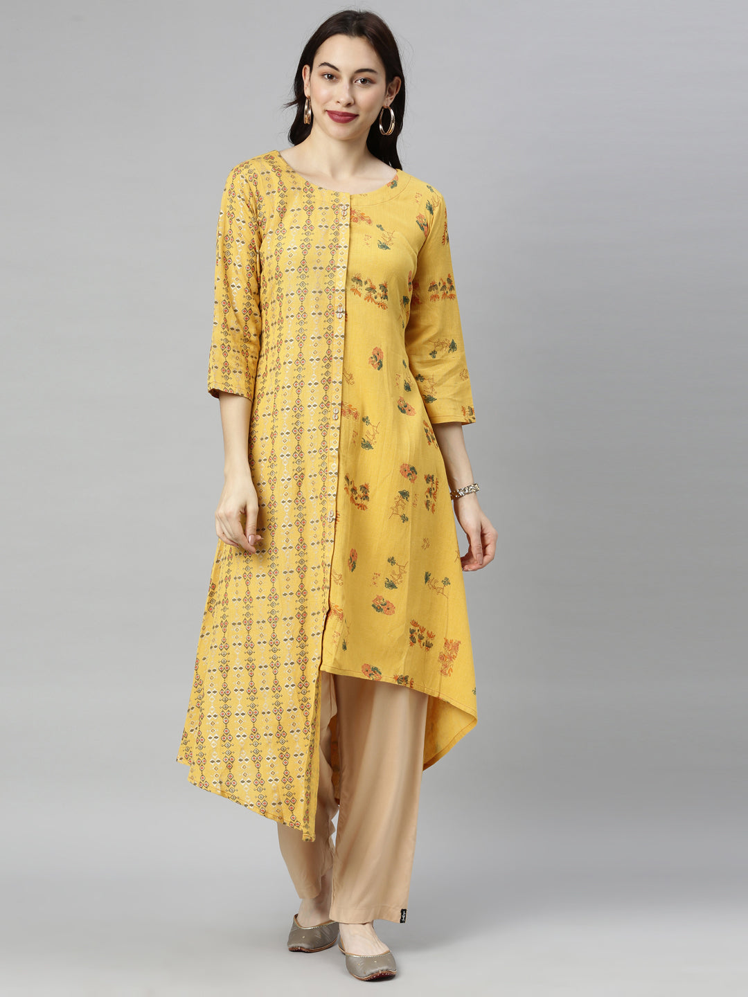 Neerus Yellow printed high-low kurta - front view