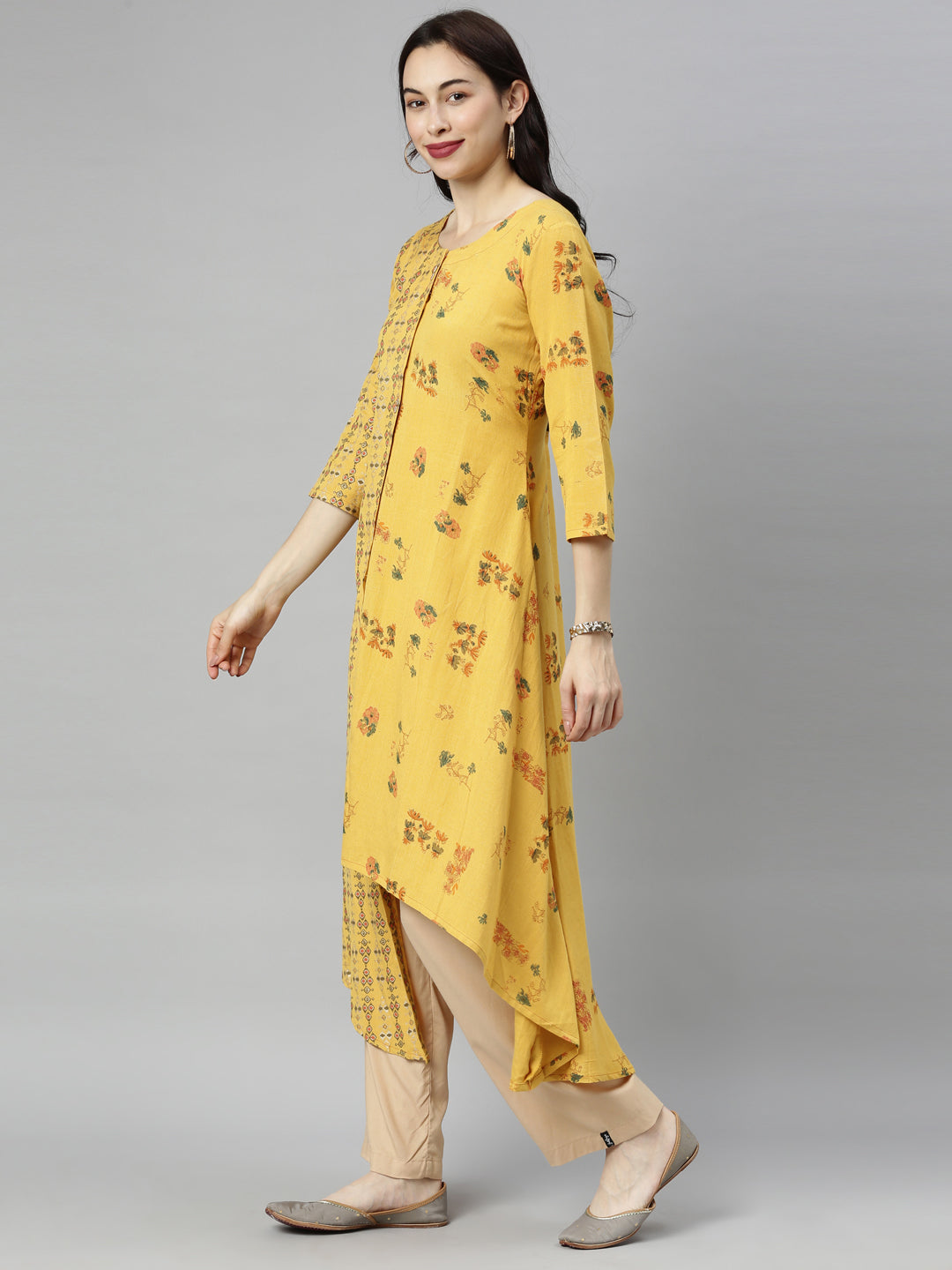 Neerus Yellow printed high-low kurta - back view
