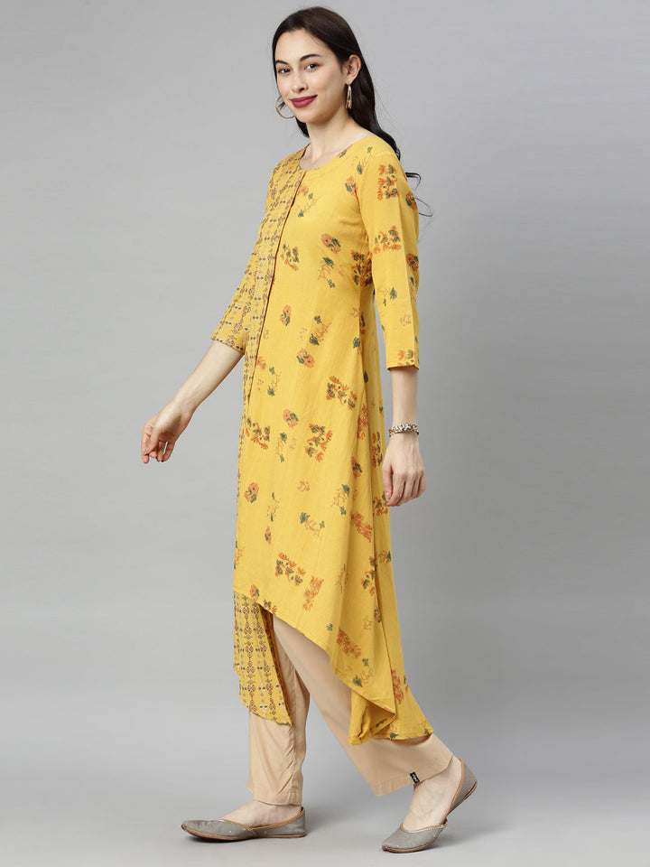 Neerus Yellow printed high-low kurta - back view