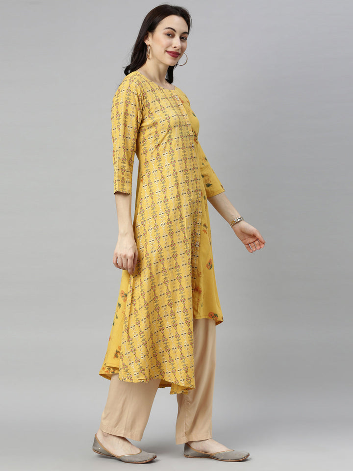 Neerus Yellow printed high-low kurta - side view