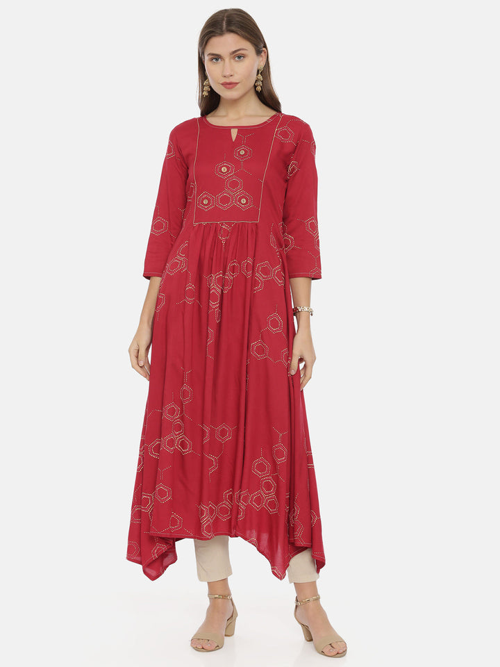 Neerus Maroon cotton printed anarkali kurta - front view