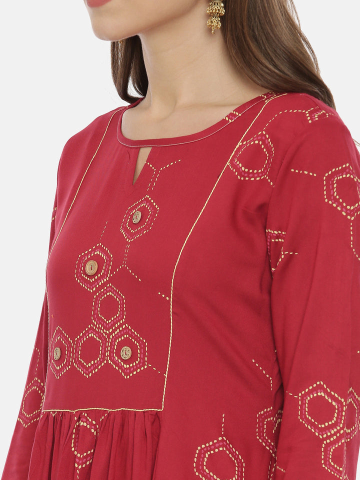 Neerus Maroon cotton printed anarkali kurta - back view
