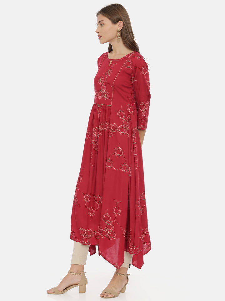 Neerus Maroon cotton printed anarkali kurta - side view