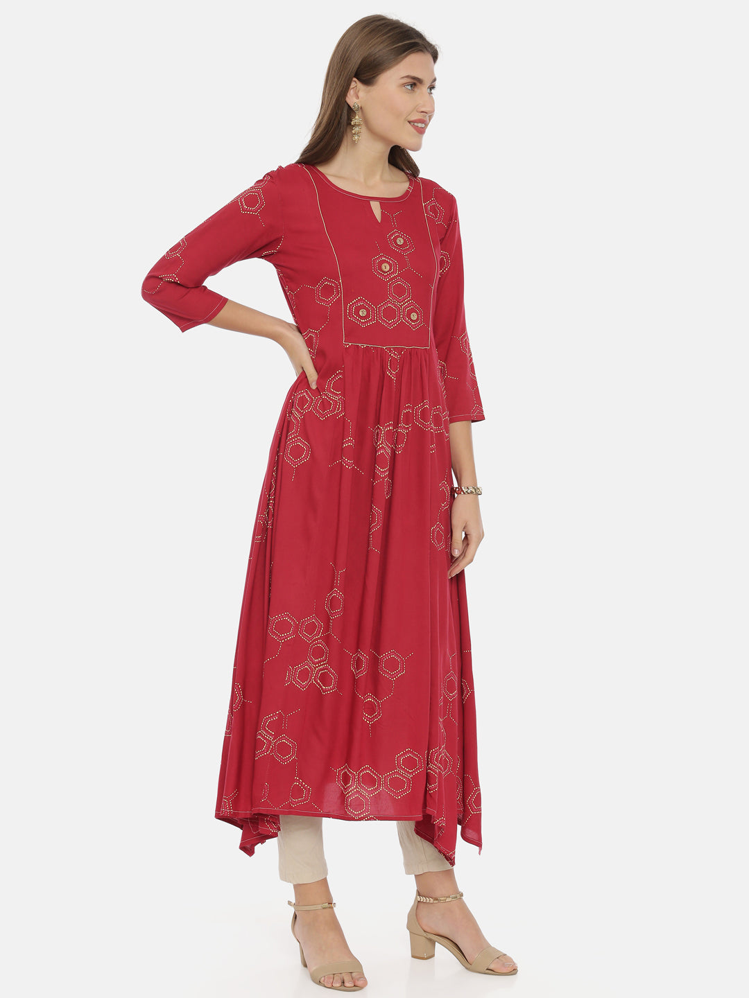 Neerus Maroon cotton printed anarkali kurta - detail view 1